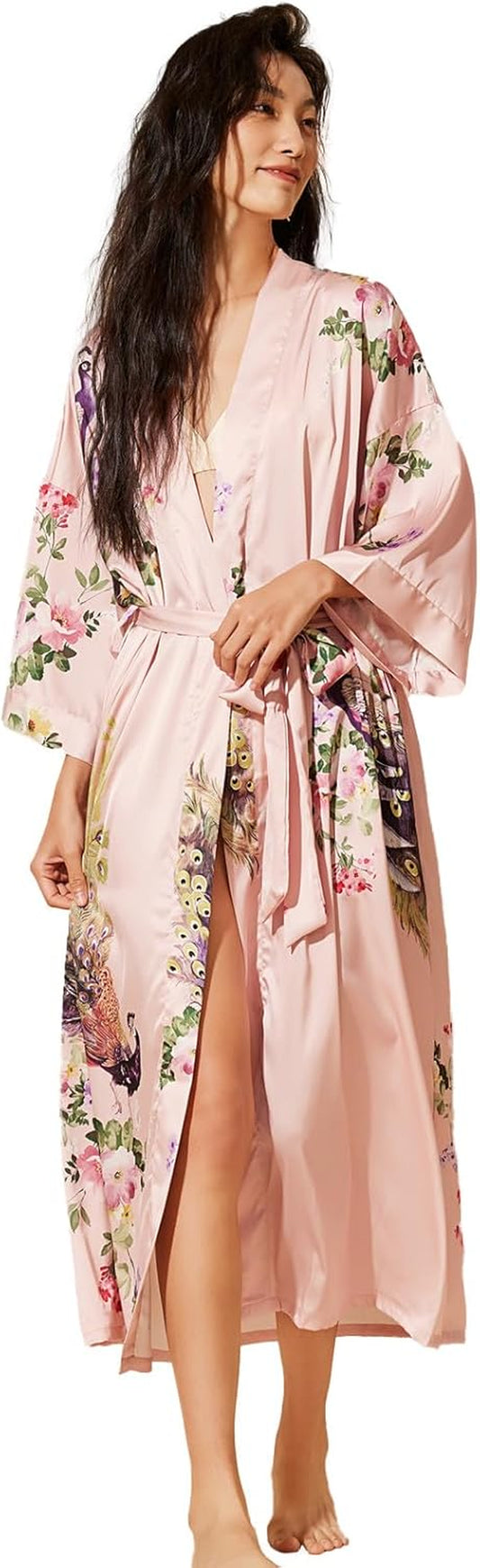 Women'S Floral Silk Satin Kimono Robe Long Peacock Bridal Robe Japanese Maternity Robe for Photoshoot