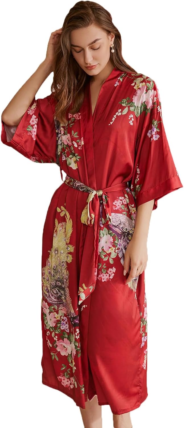 Women'S Floral Silk Satin Kimono Robe Long Peacock Bridal Robe Japanese Maternity Robe for Photoshoot