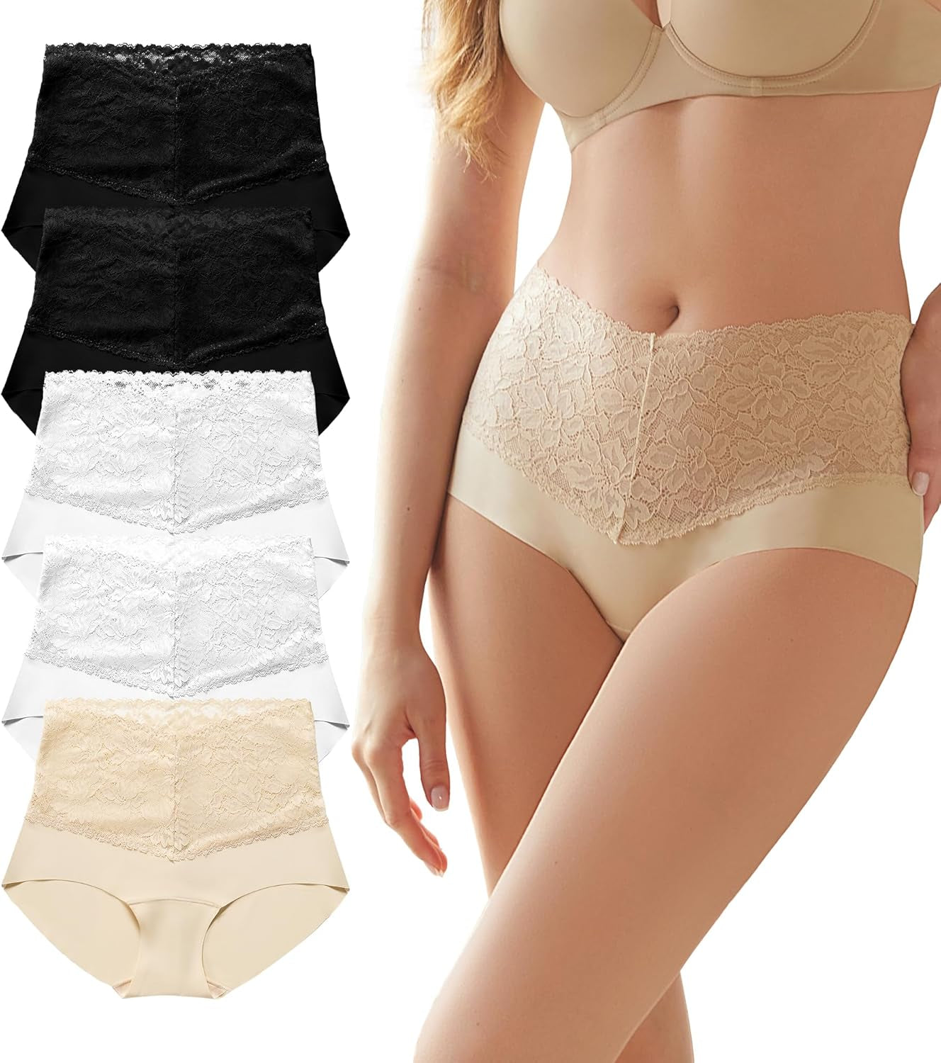 High Waist Lace  Panties  Stretch Full Coverage - 5 Pack