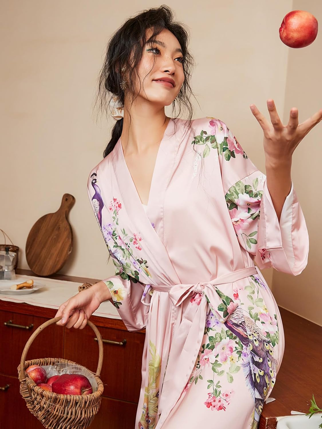 Women'S Floral Silk Satin Kimono Robe Long Peacock Bridal Robe Japanese Maternity Robe for Photoshoot