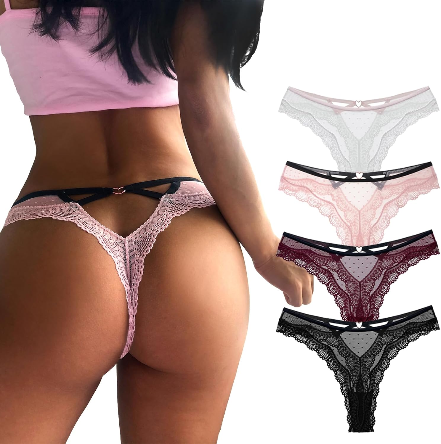 Cross Back Lace Detail Thong Panties 5 Pack