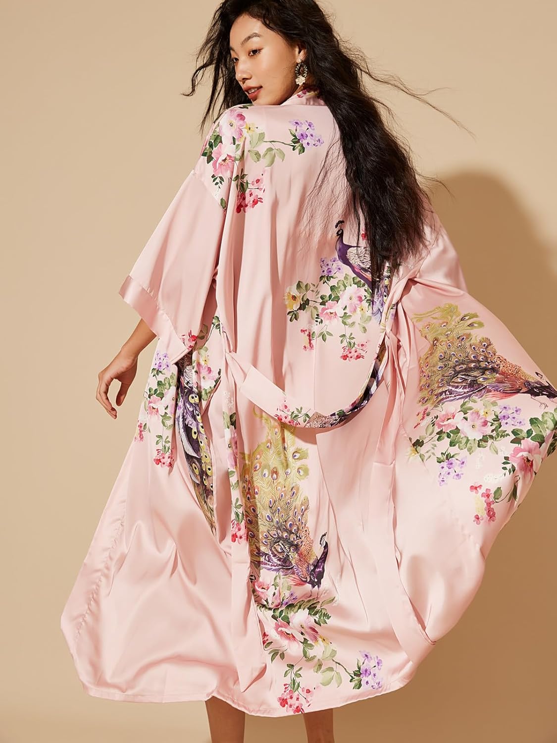 Women'S Floral Silk Satin Kimono Robe Long Peacock Bridal Robe Japanese Maternity Robe for Photoshoot