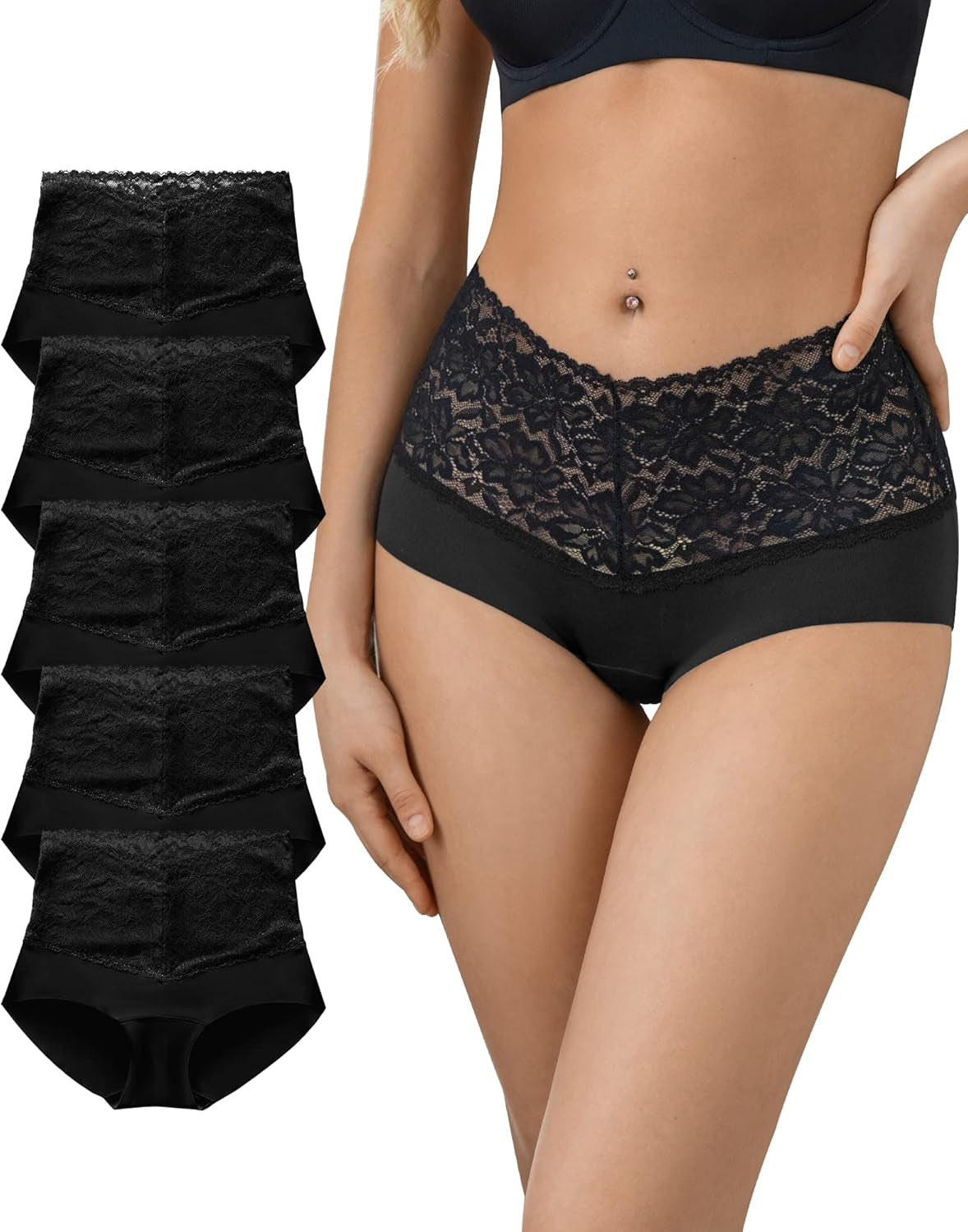 High Waist Lace  Panties  Stretch Full Coverage - 5 Pack