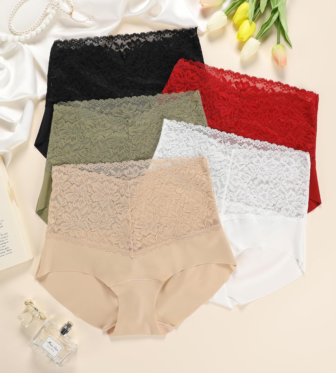 High Waist Lace  Panties  Stretch Full Coverage - 5 Pack