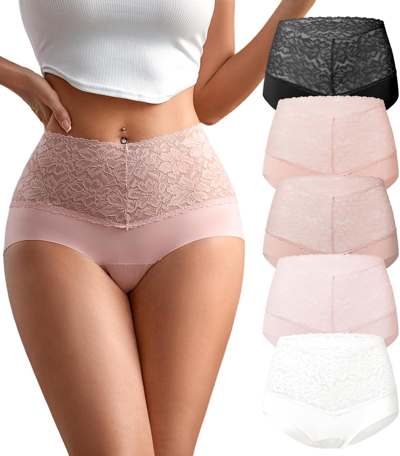 High Waist Lace  Panties  Stretch Full Coverage - 5 Pack