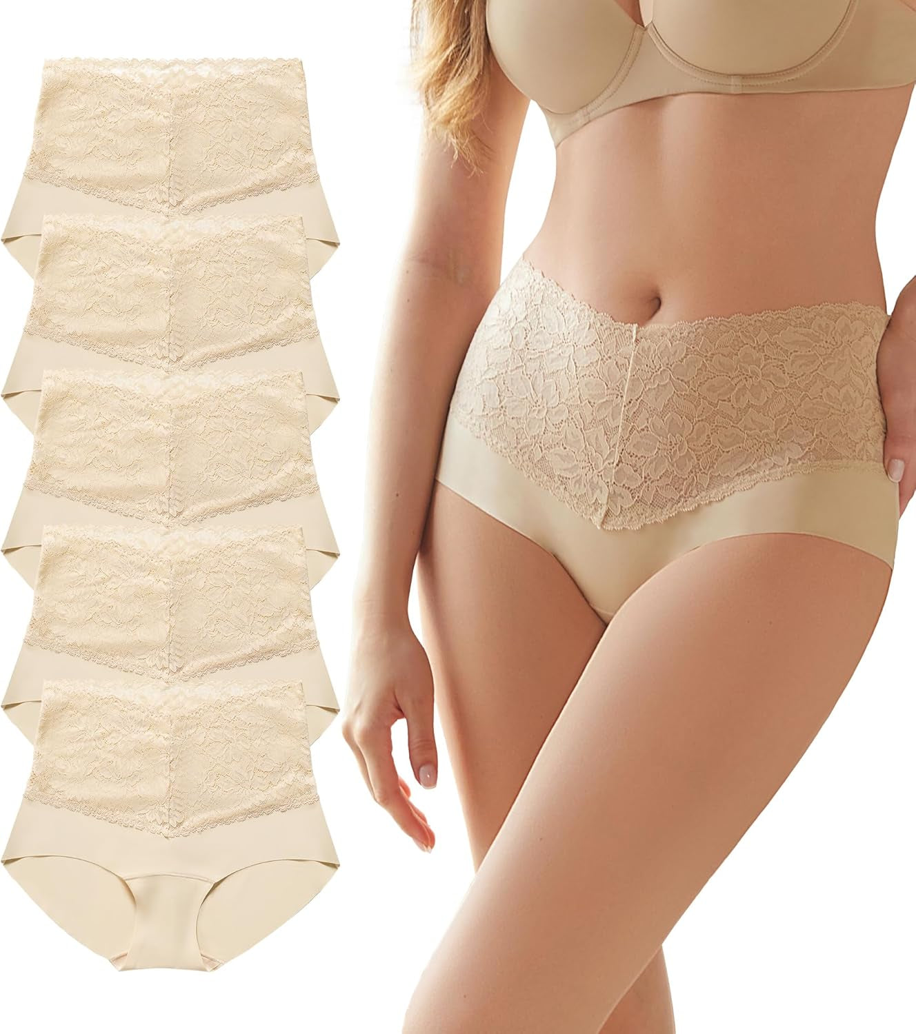 High Waist Lace  Panties  Stretch Full Coverage - 5 Pack