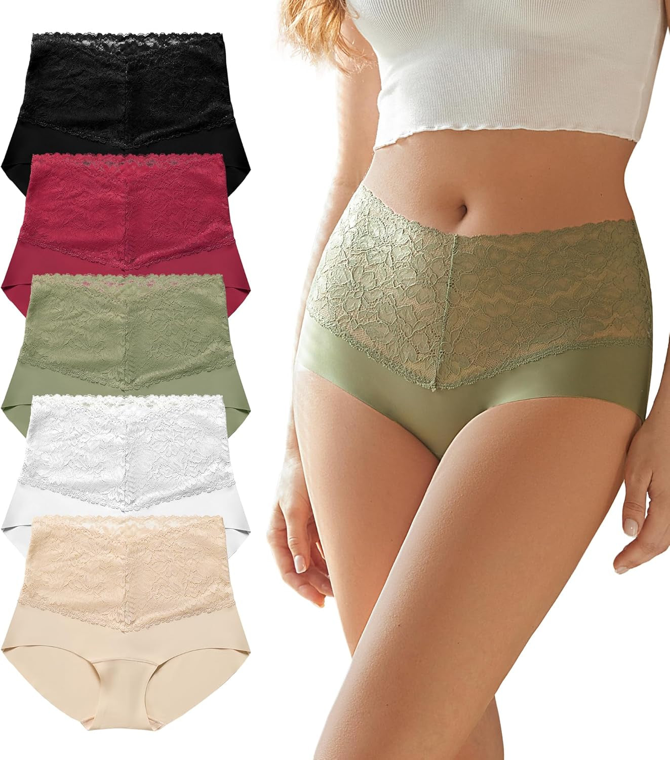 High Waist Lace  Panties  Stretch Full Coverage - 5 Pack