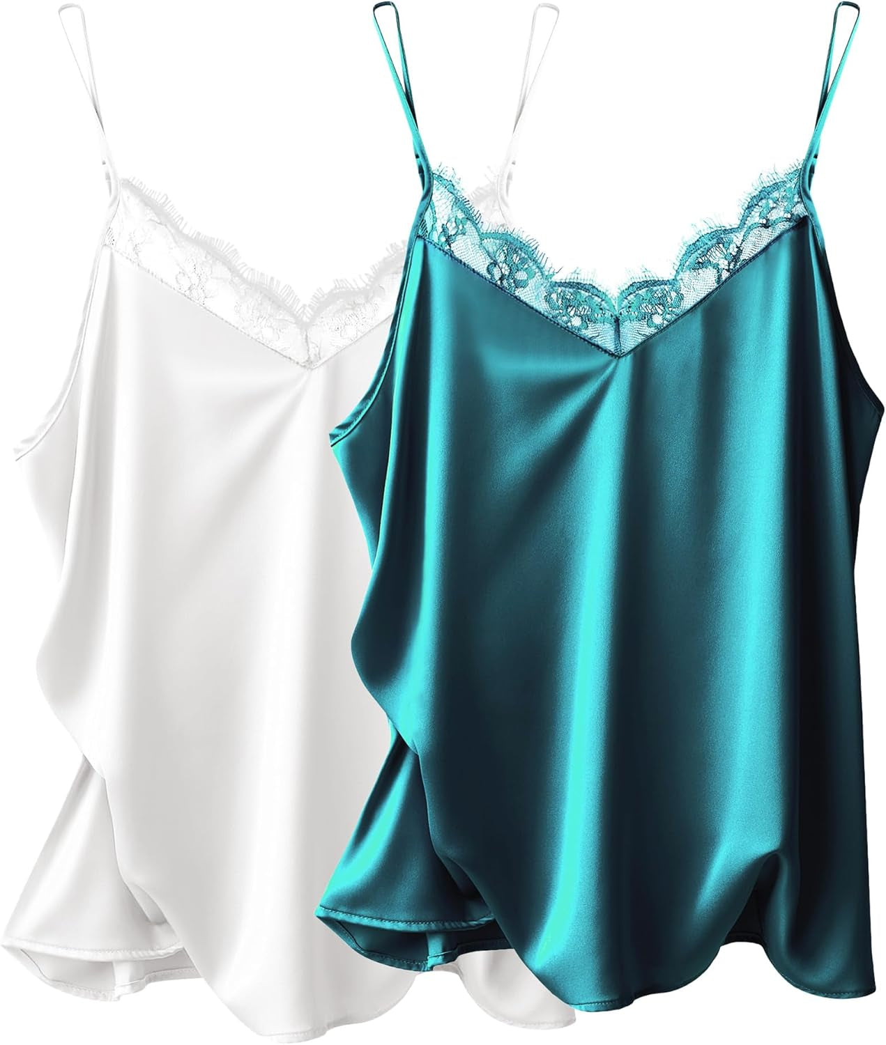 Women'S 2 PCS Silk Satin Tank Top Lace Cami Spaghetti Strap Top V Neck Camisoles